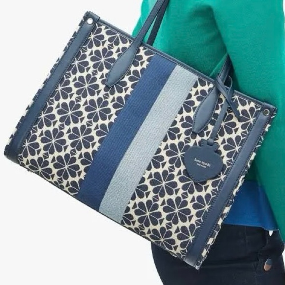 Kate Spade Blue Flower Jacquard Stripe Coated Canvas Large Market Tote - Picture 5 of 7
